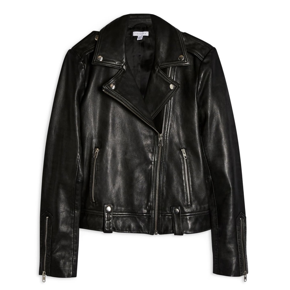 Topshop Mona Genuine Leather Biker Jacket in Black
